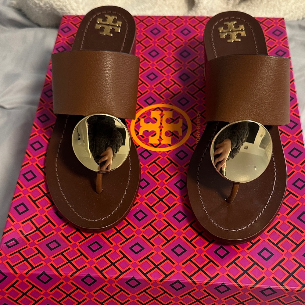 Tory Burch Brown Sandals with Metallic Accents